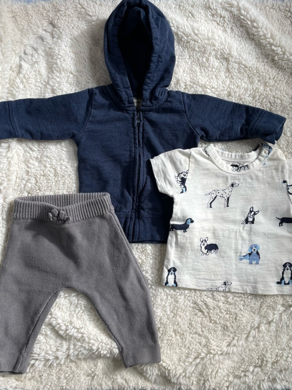 Monica+Andy Organic 3pc Capsule Navy Hoodie, Dog Print Tee & Gray Knit Pants 0-3